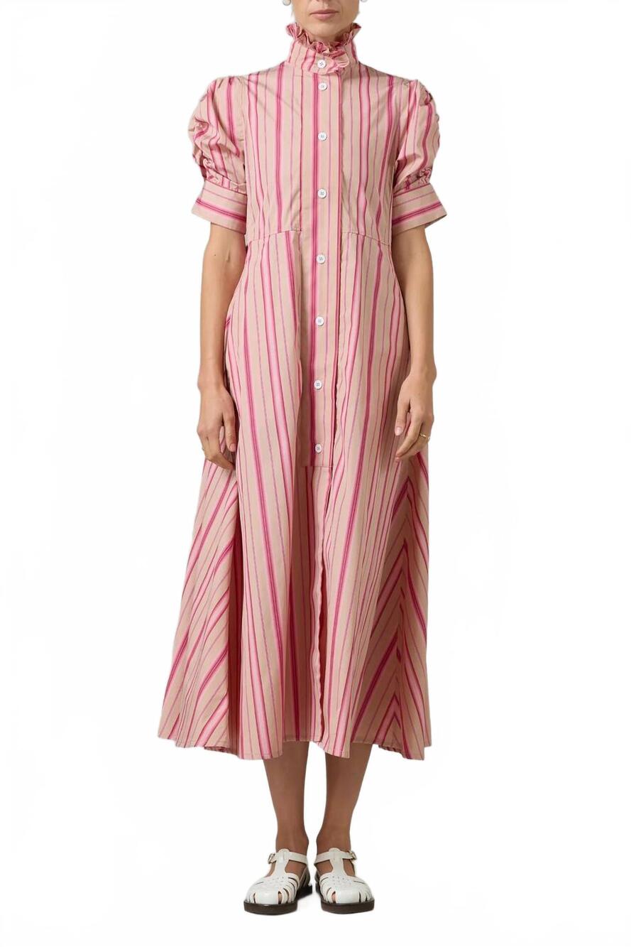 NEW THIERRY COLSON venetia stripe short sleeve dress in biscuit/pink